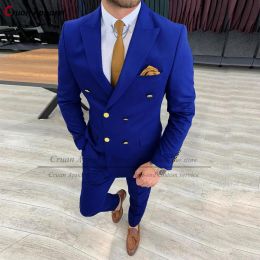 Suits Formal Royal Blue Business Men's Suits Set Slim Fit Groomsman Groom Wedding Tuxedo Gold Button Double Breasted Blazer Pants 2Pcs