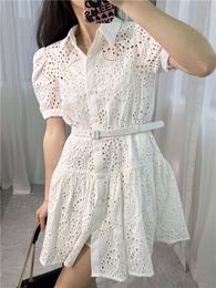 Self Portrait Summer Pure Color Panelled Belted Lace Dress White Short Sleeve Lapel Neck Knee-Length Casual Dresses G4A2315