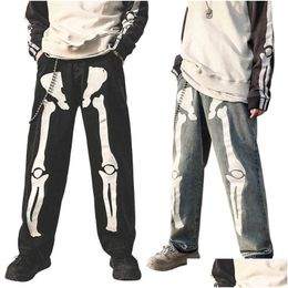 Men'S Jeans Men High Waist Y2K Skeleton Print Baggy Wide Leg Denim Trousers Goth Harajuku Straight Pants Jogging Sweatpants Streetwe Dhdyo