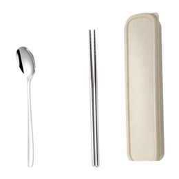 Travel Box Set Cutlery Portable Flatware Stainless Steel Spoons Chopsticks Dinnerware Sets Kitchen Tableware Drop Delive Dhntk s