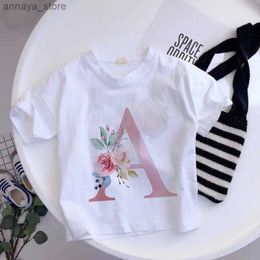 T-shirts Summer26 English Letter A B C D Children T-shirt Fashion Flower T Shirt Cartoons Casual Clothes Kid Girl Boy Short Sleeve TopsL2404