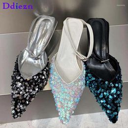 Dress Shoes Ladies Heels Sandals Bling Party 2024 Summer Fashion Buckle Strap Female Shallow Pointed Toe Pumps Women
