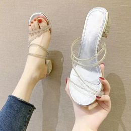 Casual Shoes Rhinestones Outdoor Slippers Block Heel Ladies Footwear Sandals For Women Summer 2024 One Word With Offer H