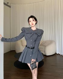 Casual Dresses 2024 Autumn Korea Style Sexy But Cute Single Breasted Bow Knot Bubble Sleeve Pleated Ladies Dress With Belt