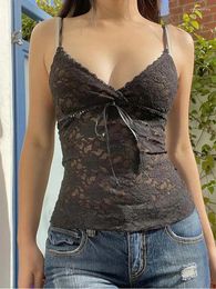 Women's Tanks Black See Through Lace Cami Crop Tops Women Summer Y2K Clothes Sleeveless V Neck Sexy Camis Aesthetic 2000s Gothic Tees