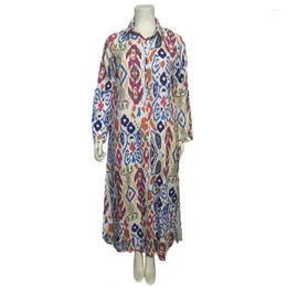 Casual Dresses Single-breasted Dress Colourful Print Maxi With Turn-down Collar Long Sleeves For Women Loose Fit Ankle Length Vacation