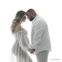 Maternity Dresses White Dot Mesh Maternity Long Dresses For Photography See Through Large Size Lantern Sleeve Pregnancy Photo Shoot Maxi Dress