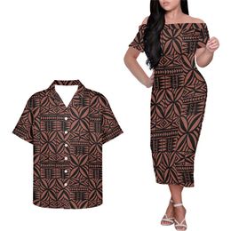 Polynesian Tattoo Printing Couple 2-piece Suit Women Short Sleeve Dress Off Shoulder Dress Men Short Sleeve T-shirt Loose