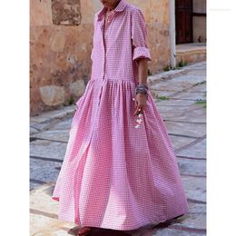 Casual Dresses Autumn Women Long Sleeved Swing Dress Fashion Lady Lapel Button Maxi Spring Female Plaid Loose Evening