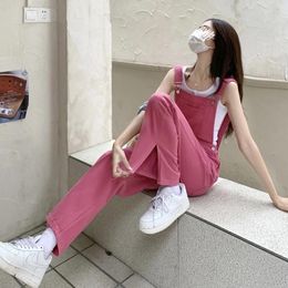 Women's Jeans Pink Backstrap Women Korean Fashion Loose High Waist Wide Leg Long Pants Cute Strappy Y2k Denim