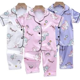 Childrens Pyjamas Set Summer Baby Suit Kids Clothes Toddler Boys Girls Lce Silk Satin Cartoon Printing Tops Pants 2pc Home Wear 240410