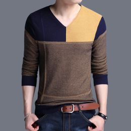 T-Shirts Man Clothes Splicing Smooth Knitted Sweaters for Men Pullovers V Neck Green Korean 2023 Autumn Overfit Maletry Sweatshirt A S T