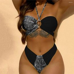 Women's Swimwear Bikini Set Sexy Snake Print Halter Bandeau Thong Swimsuit Women Push Up High Cut Bathing Suit Biquini Beachwear