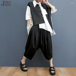 Women's Two Piece Pants Black And White Patchwork Japanese Woman Summer Casual Set Loose Fit Oversized Irregular Shirt Harem JJSE025