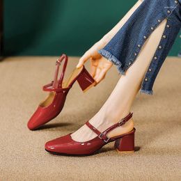 Dress Shoes 5cm Fashion Sandals Square Toe Low Heels Ankle Wrap Ladies Women Burgundy 38 39