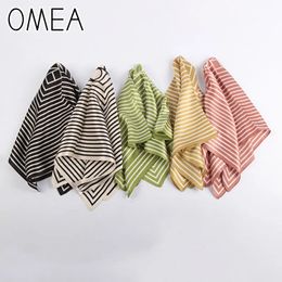 OMEA 100% Real Silk Scarf Women Fashion Modern Small Square Korean Version of The Silk Striped Pattern Luxury Head Scarf Retro 240418