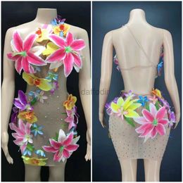 Stage Wear Women Sparkly Rhinestones Nude MeshTransparent Flowers Dress Party PromBirthday Wedding Party Dress NightclubShow Stage Wear d240425