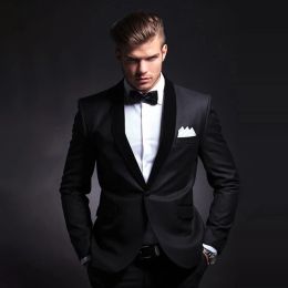 Suits Black Men Suits Slim 2 Piece Fashion Shawl Lapel Single Button Smart Casual Wedding Groom Tuxedo Male Suit Blazer with Pants