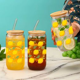 Tumblers 1pc 16oz Yellow Lemon Green Leaf Pattern Glass Straw Juice Ice Cream Bottle With Bamboo Lid Suitable For Summer Gifts H240425