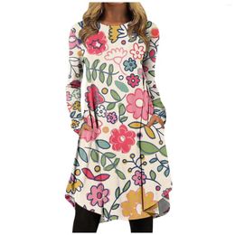Casual Dresses 2024 Elegant For Women Fashionable Tie Dyed Floral Print Round Neck Long Sleeved Dress Vestidos Largos