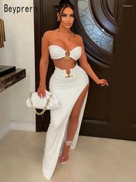 Work Dresses Beyprern Chic Gold Ring Bandeau Slit Skirt Two-Piece Set Womens Beautiful Off Shoulder Matching Nightclub Outfits