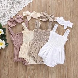 Rompers Babys Clothes Summer Jumpsuit Outfit Solid Colour Ruched Toddler Girl Casual Sleeveless Suspender Kids Rompers Headband Set d240425