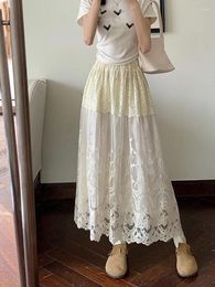 Skirts Spring Summer Vintage Beige Lace Fairy Skirt Women Boho Aesthetic Fashion High Waist Holiday Pleated Long Trend