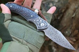 Top Quality M6714 Flipper Folding Knife Damascus Steel Drop Point Blade CNC Finish Ebony Handle Ball Bearing Fast Open Folder Knives with Leather Sheath