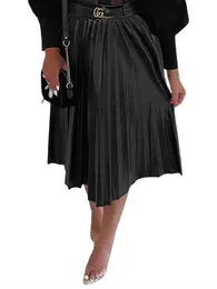 Skirts Women S Elegant Faux Leather Midi Skirt Vintage High Waist Solid Colour Zip Up Pleated Flare A Line