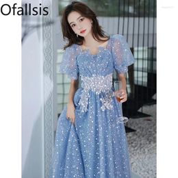 Party Dresses Ofallsis Blue Sequins Evening Dress 2024 Summer Fairy Sweet High Sense Banquet Temperament Light Luxury Exam Host