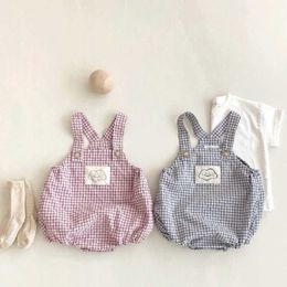 Rompers 2022 Summer New Baby Clothes Cute Clouds Print Bodysuit Korean Plaid Boys Overalls H240425