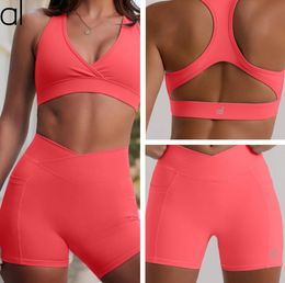 AL0YOGA-187 Solid Color Bra Shorts Set Women Yoga Suit High Waist Sports Gym Wear Shorts Running Pilates Set