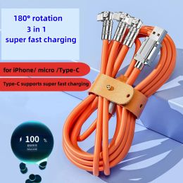 180° Rotation 3 in 1 USB Data Cable 120w Type-C Super Fast Charging Cable For IPhone Android Type-C Mobile Phone Charger Cable Cord 1.2M