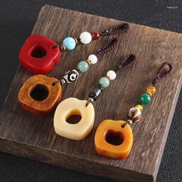 Keychains Handmade Jewellery Bone Pendant Keychain Natural Stone Tibetan Dzi Eyes Beads Lotus Key Chain Holder Ring Gift