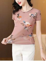 Women's T Shirts Summer Slim T-Shirt Women Short Sleeve Sweet Fairy Shirt O-Neck Floral Pink Tee Female Print Korean Tops Size M-4XL