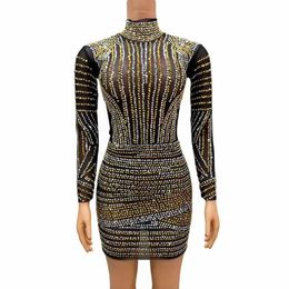 Stage Wear Sexy Stage Silver Gold Fulll Rhinestones Luxury Dress Black Transparent Outfit Dance Nightclub Costume Party Photoshoot Wear d240425