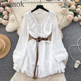 Casual Dresses Gagaok Women 2024 Spring Vacation Style Sweet Bandage Tie Slim Fit Short Ruffles Dress Vintage Fashion Chic Vestidos