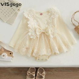 One-Pieces VISgogo Baby Girls Romper Dress Long Sleeve Crew Neck Flower Bow Tulle Patchwork Knit Bodysuit Fall Clothes for Daily Party