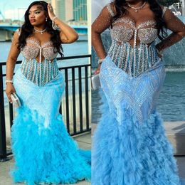 2024 Aso Ebi Sky Blue Mermaid Prom Dress Beaded Crystals Evening Formal Party Second Reception 50th Birthday Engagement Gowns Dresses Robe De Soiree ZJ322