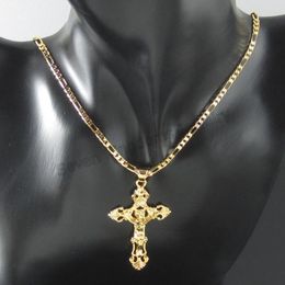 Pendant Necklaces 18" Or 24" NECKLACE YELLOW GOLD PLATED &JESUS CROSS GOD Christ Redeemer Christian Catholic 2.17"