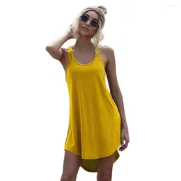 Casual Dresses Summer Dress Women Loose Off Shoulder Asymmetrical Solid O-neck Sleeveless Tank Cotton Mini Vestidos Streetwear