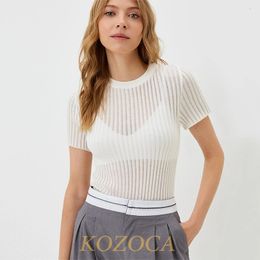 Kozoca 100% Wool Chic White Elegant Striped See Through Women Tops Outfits Short Sleeve TShirts Tees Skinny Club Party Clothes 240419