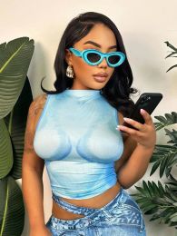 Tops Wholesale Summer Outfits y2k Streetwear Crop Tops T Shirts Sleeveless Print Crop Top Design denim Blue Tie Dye Crop Top 2023