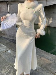 Casual Dresses Chinese Style Retro Cheongsam Qipao Dress Long Sleeve Fur Collar White Slim Waist Elegant Lady Party