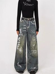 Women's Jeans Fun Graffiti Design High Waisted Wide-leg Pants Neutral Style Vintage American Female Straight Trousers