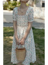 ZIQIAO French Blue Floral Square Neck Dress Waist Wrap Design A-LINE Chiffon Skirt Japanese Summer Casual Mid-Calf 240424