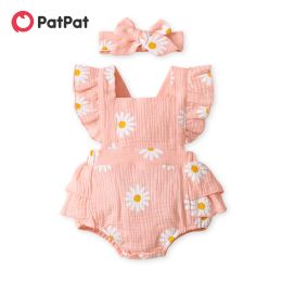 One-Pieces PatPat 100% Cotton 2pcs Baby Girl Bodysuit Daisy Print Crepe Fabric Baby Romper Sets Baby Girls Jumpsuits Clothes