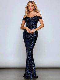 Casual Dresses Women Blue Luxury Evening Cross Lace Up Backless Off Shoulder Sequins Mermaid Prom Gowns Sexy Maxi Celebrity Party Dress