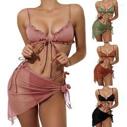 Women's Swimwear Women Split Swimsuit Set Solid Colour Bikini With Ruffles Lace-up Panties See-through Mesh Cover Ups