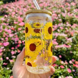 Tumblers 1Pc 16oz Transparent Glass Tumbler Golden Sunflower Butterfly Sticker Drink Juice Cup Suitable For Summer Gift Giving H240425